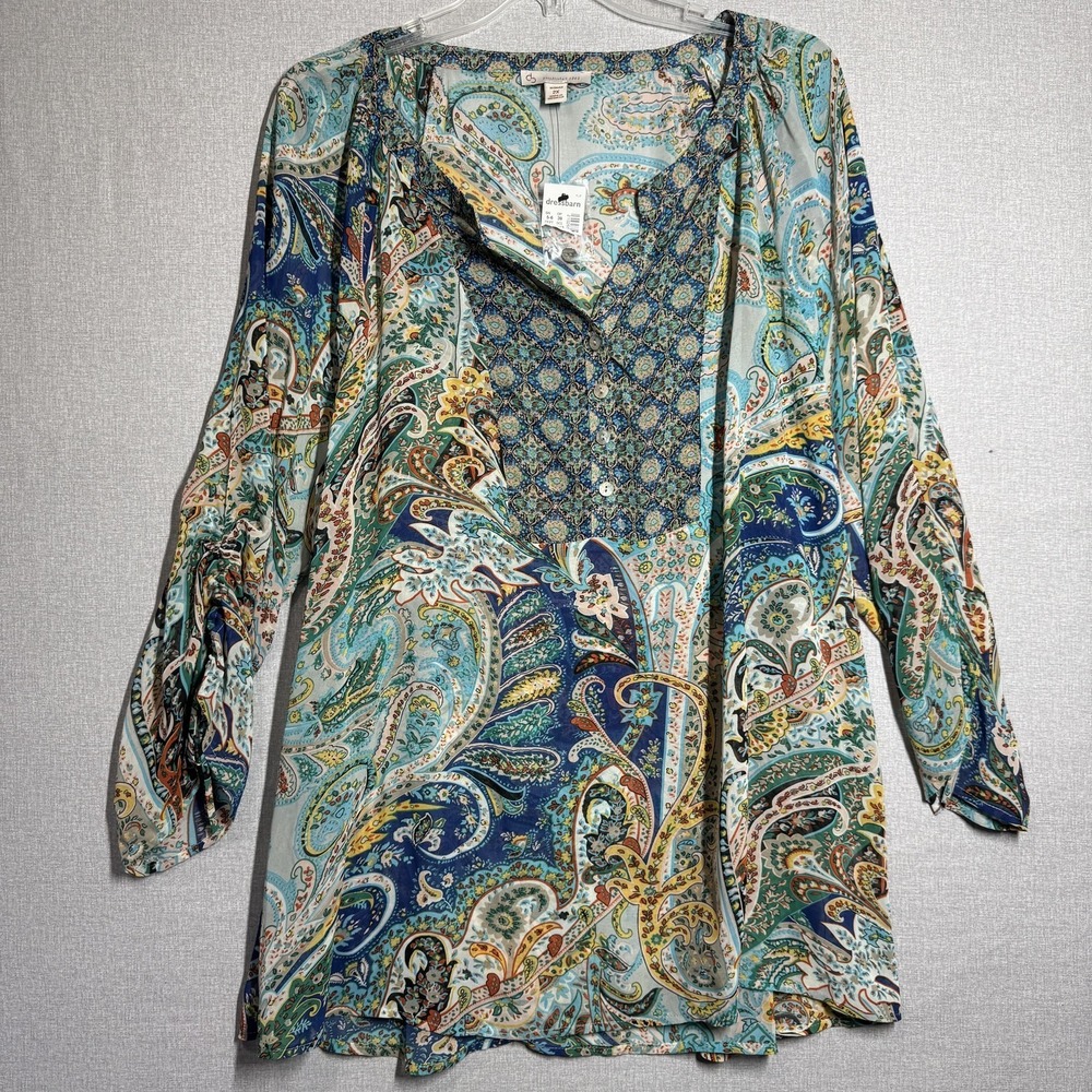 Dressbarn Blouse Womens 2X Blue Paisley V Neck Long Sleeve Tunic Top Boho